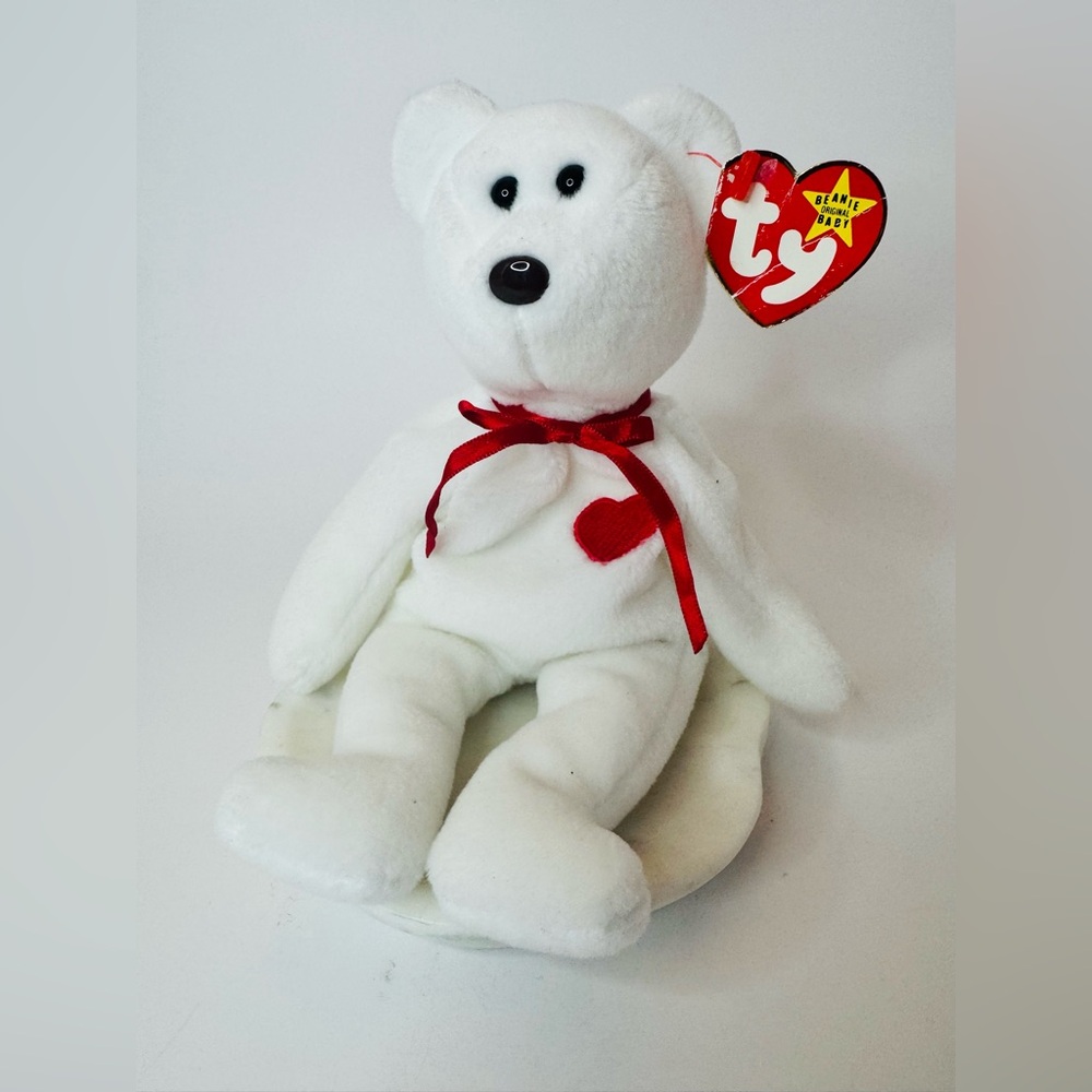 ♥️ TY Vintage 1994 Valentino Beanie White Plush Bear Red Heart/Ribbon Kids Toy